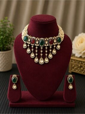 Emerald & Ruby Gold-Plated Pearl Necklace Set - Women Jewelry